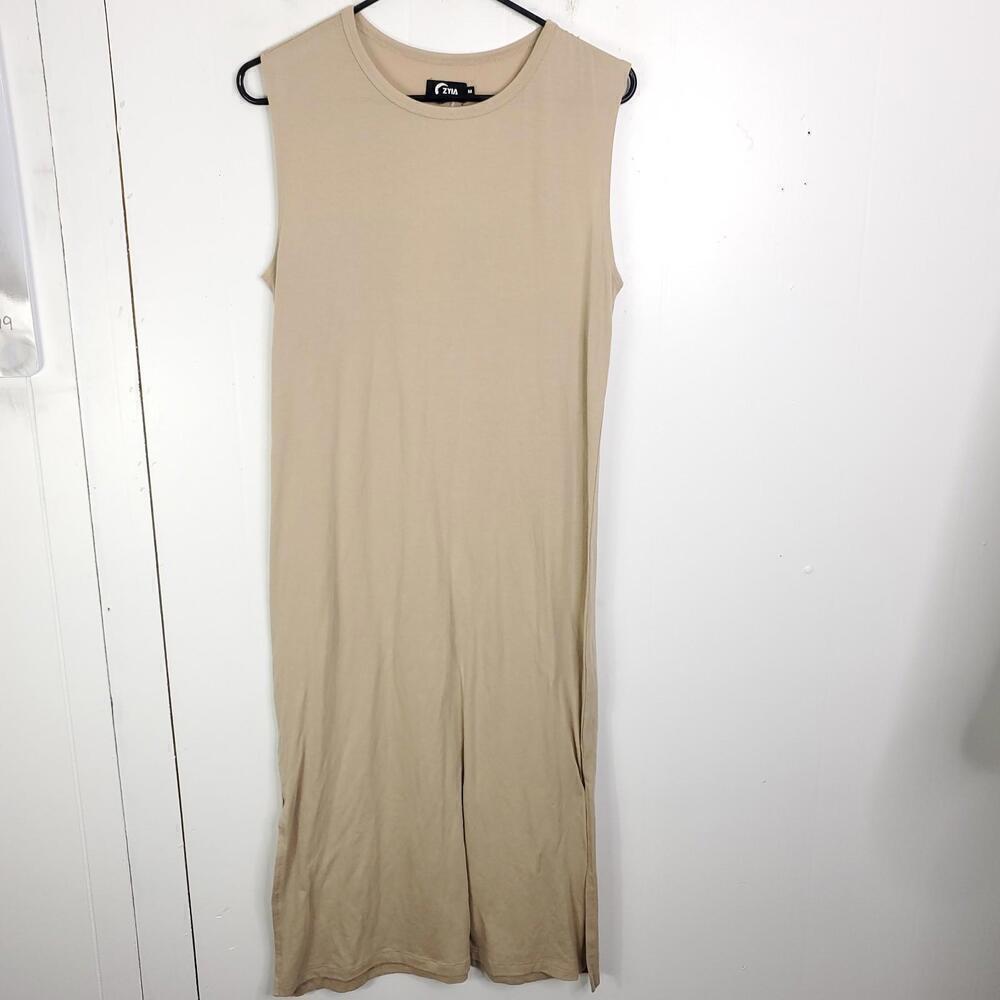 Zyia Dress Womens Medium Sleeveless Split Hem Athleisure Tan Midi Crew Neck